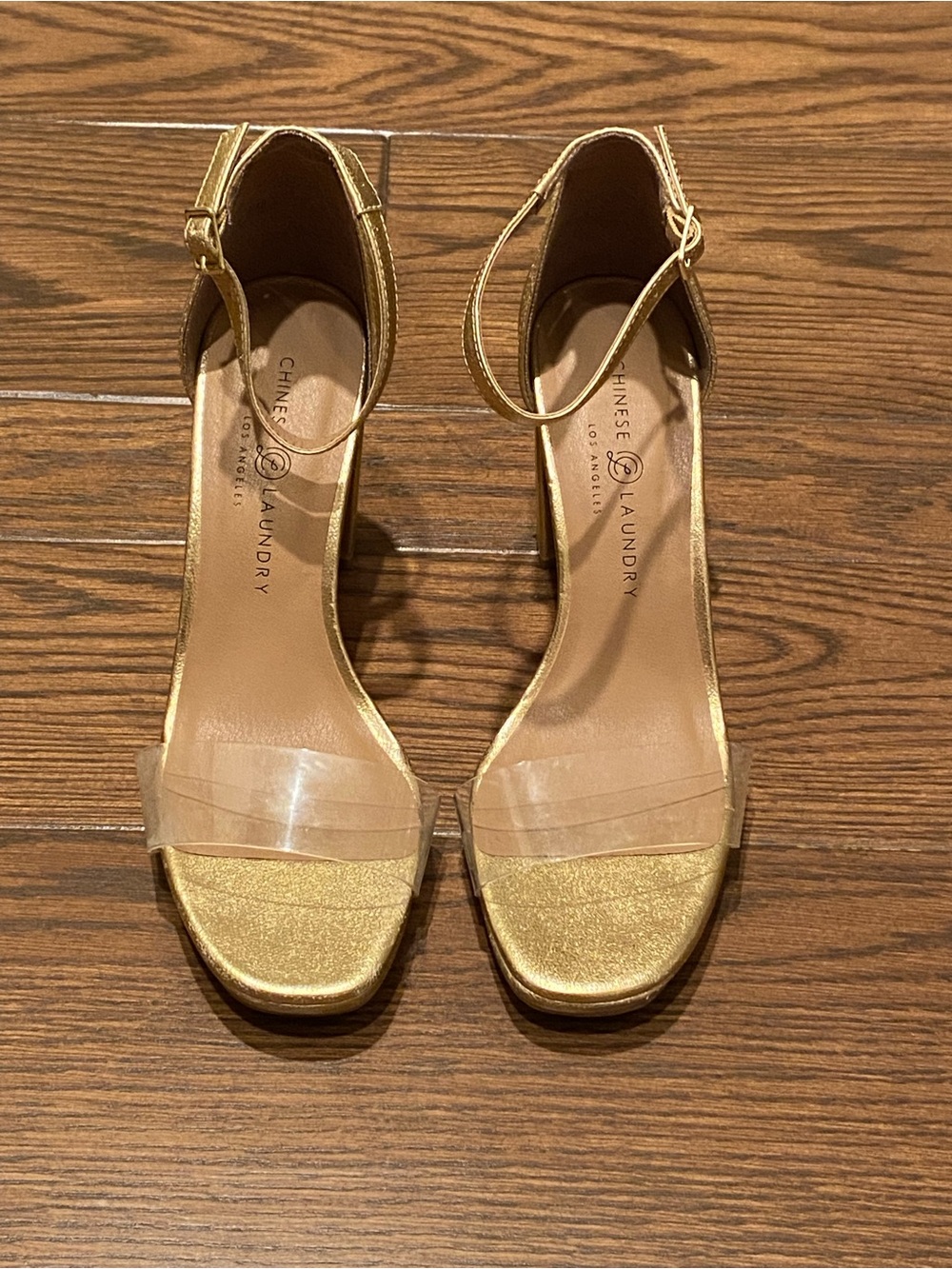 Chinese Laundry Metallic Gold Ankle-Strap Heels with Clear Toe Band